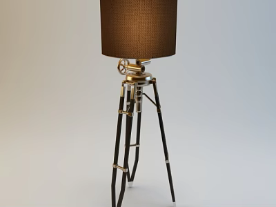 Vintage Industrial Floor Lamp With Brown Fabric Shade And Tripod Base 3d model