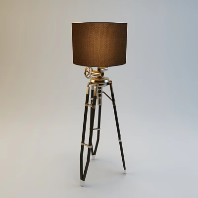Vintage Industrial Floor Lamp With Brown Fabric Shade And Tripod Base 3d model