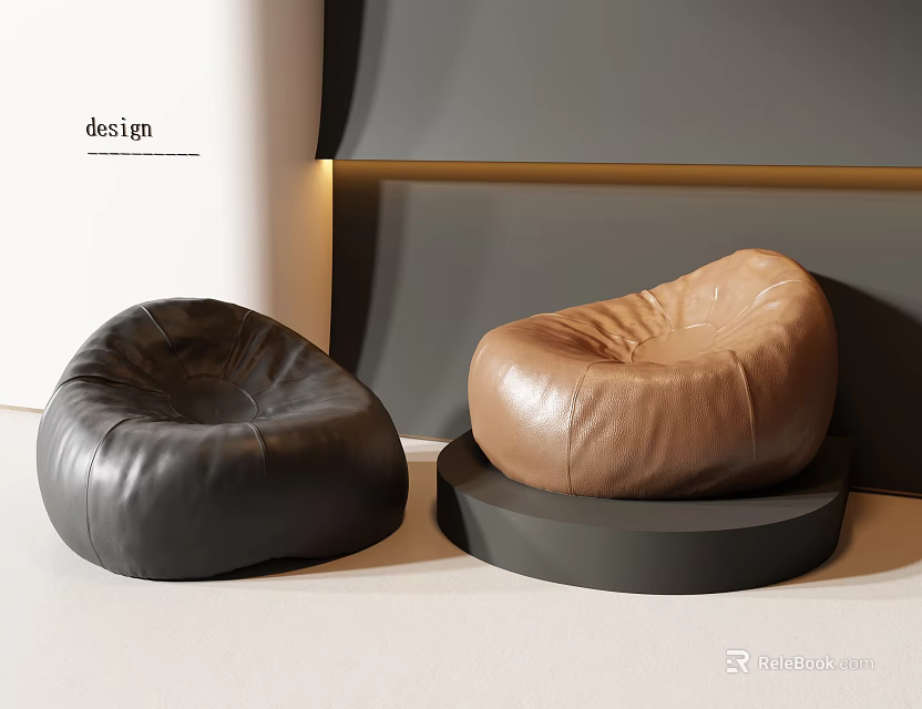 Black And Brown Leather Bean Bag Chairs In Modern Minimalist Interior With Circular Base 3d model 