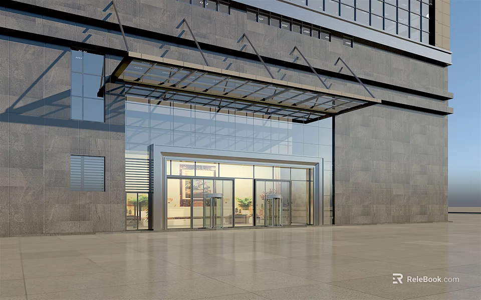 Modern Building Entrance Door with Glass Canopy and Gray Stone Facade 3d model 