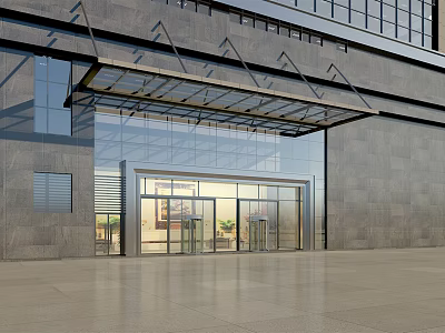 Modern Building Entrance Door with Glass Canopy and Gray Stone Facade 3d model