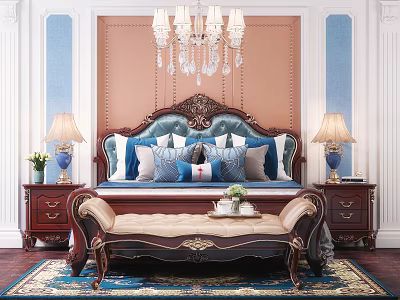 Elegant Classic Bedroom With Double Bed In Background Tufted Headboard Crystal Chandelier And Bedside Tables 3d model