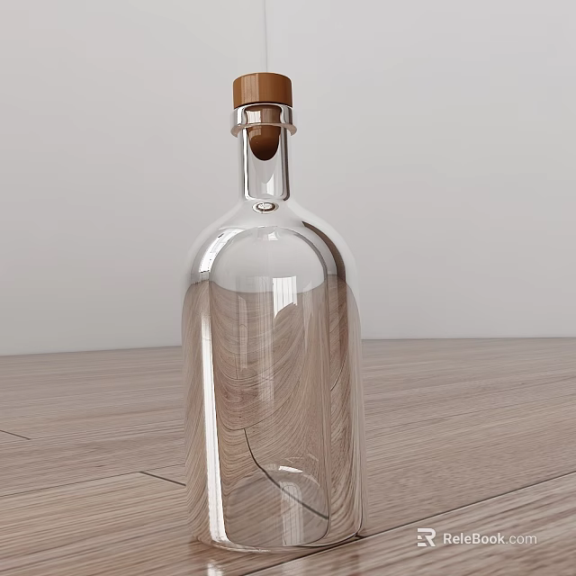 Transparent Wine Bottle and Wine Glass with Wooden Cork on Light Wooden Tabletop Background 3d model 