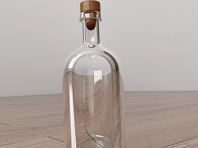 Transparent Wine Bottle and Wine Glass with Wooden Cork on Light Wooden Tabletop Background 3d model