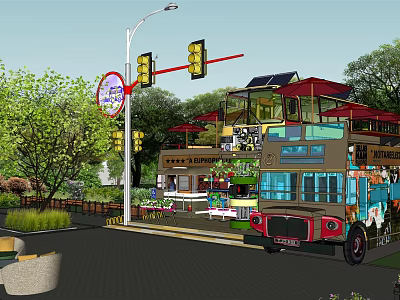 Commercial Complex Featuring Fresh Shopping Retail Bus Greenery And Street Facilities 3d model
