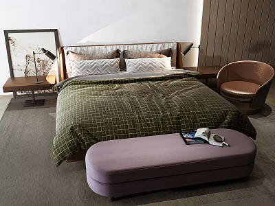 Double Bed With Green Checkered Quilt Wooden Headboard Purple Bench And Brown Chair 3d model