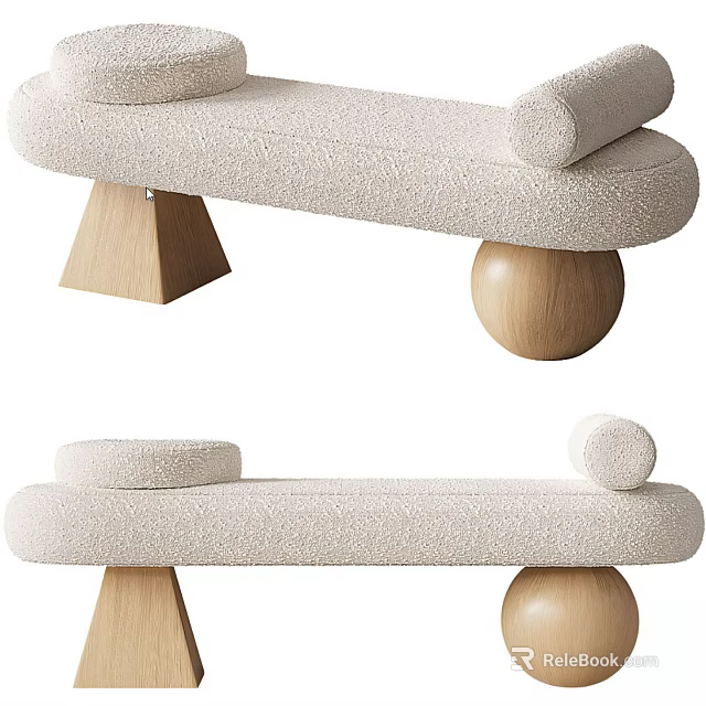 Modern Minimalist Sofa Bench With Soft Fabric Upholstery And Wooden Spherical Legs 3d model 