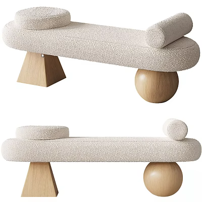 Modern Minimalist Sofa Bench With Soft Fabric Upholstery And Wooden Spherical Legs 3d model