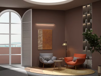 Gray Orange Accent Lounge Chairs With Small Coffee Table Wall Painting Arched Window Shelving Unit 3d model