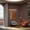 Gray Orange Accent Lounge Chairs With Small Coffee Table Wall Painting Arched Window Shelving Unit