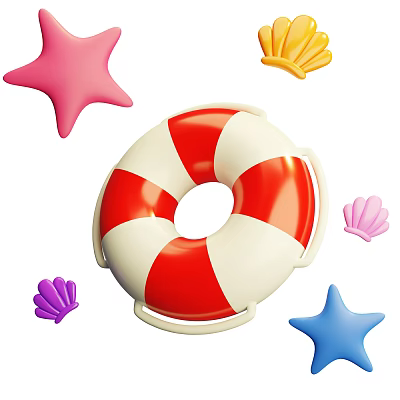 Decorative Ornament Set With Red And White Lifebuoy Colorful Starfish And Seashells 3d model