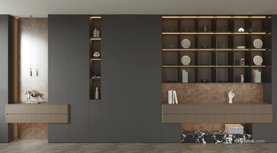 Modern Dark Colored Tea Cabinet With Open Closed Storage And Tea Sets In Interior Design 3d model
