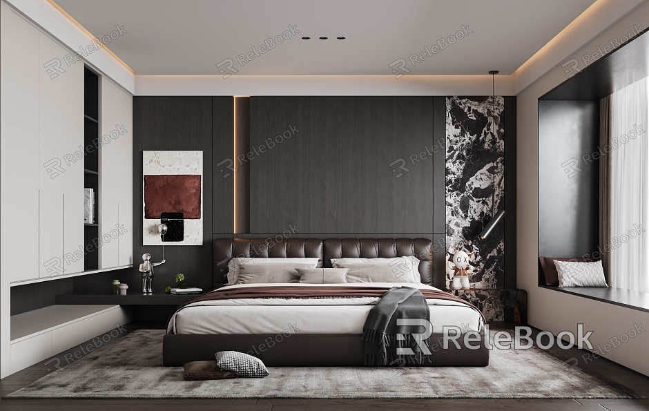 Modern dark style bedroom cortical bed bedside background wall without main lamp model