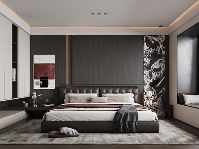 Modern dark style bedroom cortical bedside background wall without main lamp model