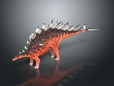 Stegosaurus Dinosaur With Red Brown Body Black Spots And White Spikes On Dark Background 3d model