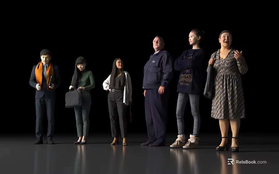 Group of Diverse People Standing in Various Outfits Against Black Background Full Length Front View 3d model 