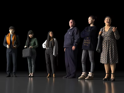 Group of Diverse People Standing in Various Outfits Against Black Background Full Length Front View 3d model