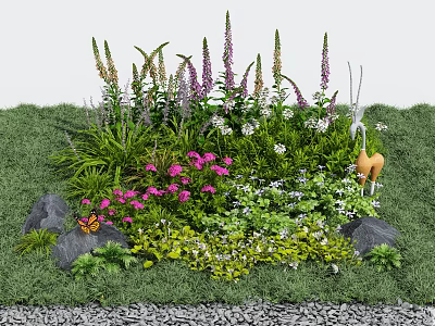 Vibrant Garden Flowers And Plants With Purple Pink Blooms Green Grass Stones And Butterfly 3d model