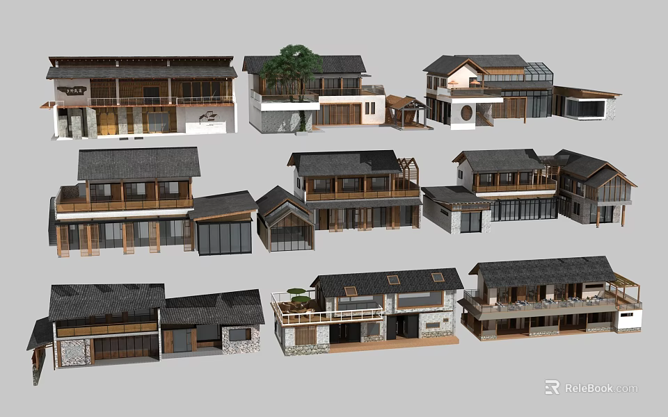 Traditional And Modern Homestay Architecture With Sloped Roofs And Wooden Structures 3d model 