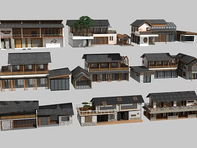Traditional And Modern Homestay Architecture With Sloped Roofs And Wooden Structures 3d model