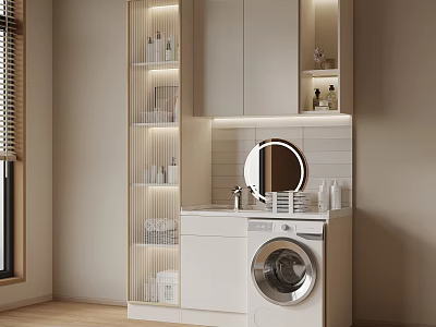 Modern White Balcony Cabinet With Built-in Washing Machine Round Mirror Open Shelves And Lighting 3d model
