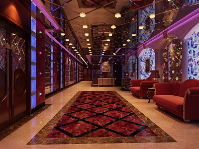Luxurious Modern Elevator Hallway With Chandelier Lighting Red Carpet Red Sofas And Decorative Walls 3d model