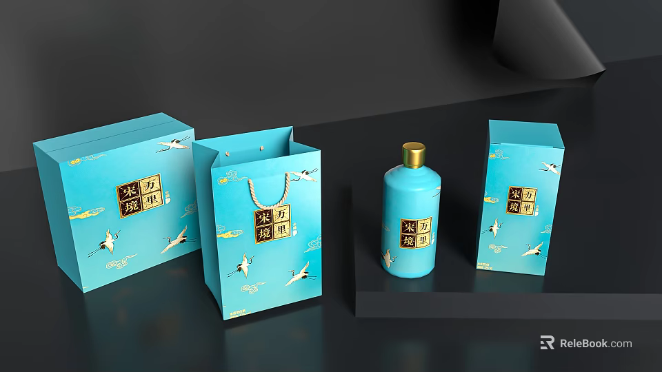 Elegant Blue Decorative Ornament Set With Crane Patterns Golden Text Boxes Gift Bags And Bottles 3d model 