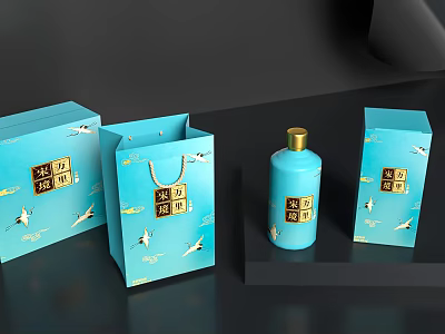 Elegant Blue Decorative Ornament Set With Crane Patterns Golden Text Boxes Gift Bags And Bottles 3d model