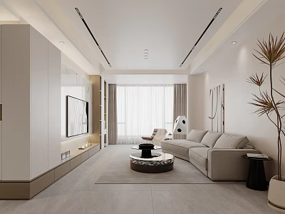Modern Living and Dining Interior with White Cabinets TV Beige Sofa Round Coffee Table Plants 3d model