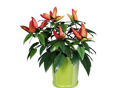 Bonsai Potted Plant With Green Pot Red Yellow Flowers And Green Leaves 3d model