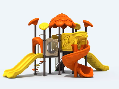 Colorful Kids Outdoor Playground Equipment With Yellow Orange Slides And Canopy Roof 3d model