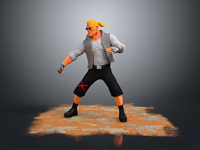 Blonde Haired Character In Sunglasses Gray Jacket Red Cross Shorts On Orange Glowing Ground 3d model