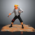 Blonde Haired Character In Sunglasses Gray Jacket Red Cross Shorts On Orange Glowing Ground