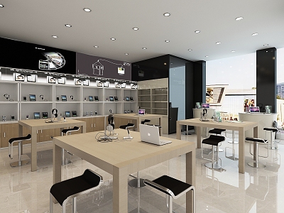 Modern specialty stores, shopping malls, storefronts, storefronts, computer stores, display cabinets, display racks, computer display experience, tables and chairs, hanging lintels 3d model