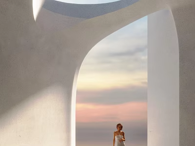White Arched Architecture With Sunset Sky Ocean View And Woman In White Dress 3d model