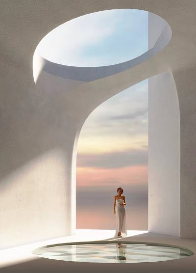 White Arched Architecture With Sunset Sky Ocean View And Woman In White Dress 3d model