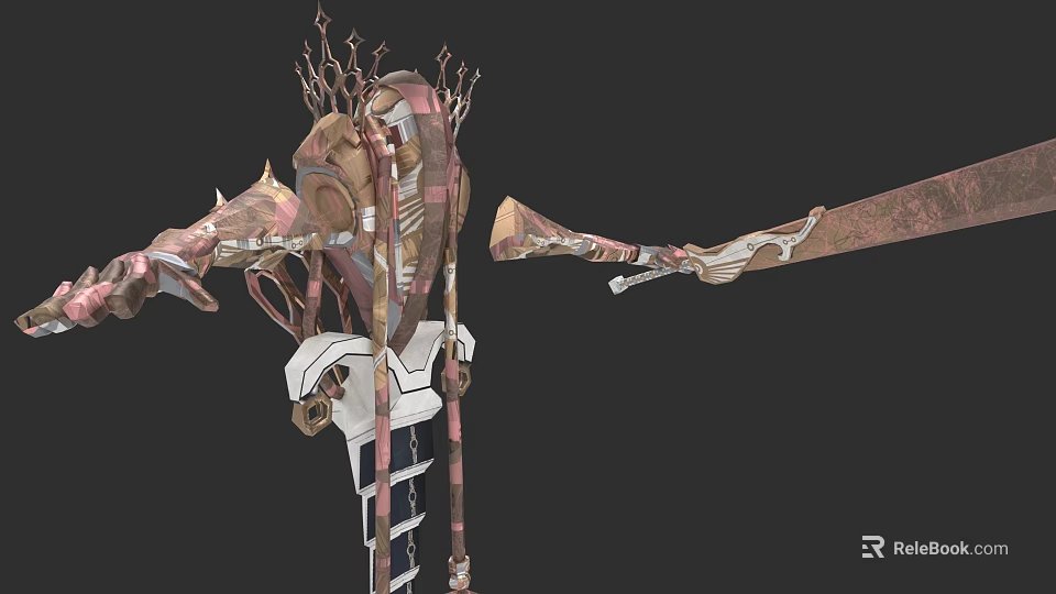 Intricate Fantasy Mechanical Sculpture With Skeletal Elements And Pink Metal Design 3d model 