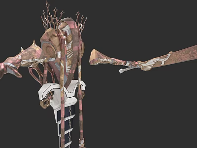 Intricate Fantasy Mechanical Sculpture With Skeletal Elements And Pink Metal Design 3d model