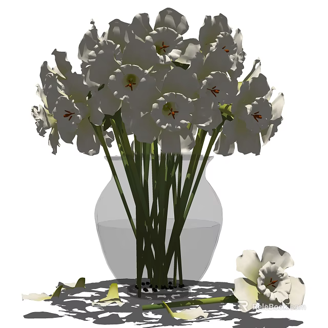White Flowers With Red Stamens In Transparent Glass Vase And Scattered Blooms 3d model 
