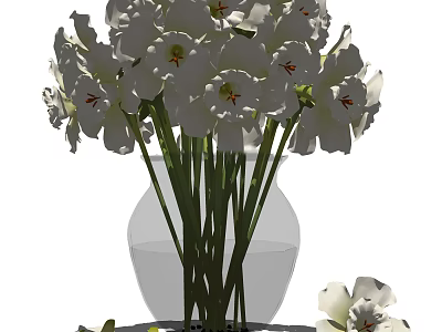 White Flowers With Red Stamens In Transparent Glass Vase And Scattered Blooms 3d model