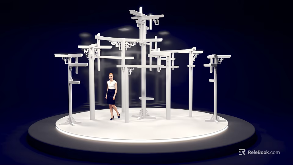 White Chinese Style Art Installation With Interconnected Structures And Female Figure On Circular Platform 3d model 
