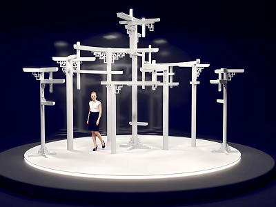 White Chinese Style Art Installation With Interconnected Structures And Female Figure On Circular Platform 3d model
