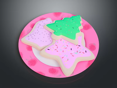 Festive Green and Pink Christmas Tree Star Cookies on Pink Strawberry Pattern Plate with Sprinkles 3d model