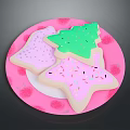 Festive Green and Pink Christmas Tree Star Cookies on Pink Strawberry Pattern Plate with Sprinkles