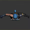 Blue Haired Female Character With Mechanical Arm Blue Top Black Pants And Sneakers