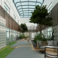 Modern Hotel Atrium Design With Glass Skylight Trees Green Plants And Sofa Seats