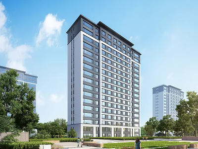 Modern High-Rise Residential Building With Green Trees Lawn And Blue Sky 3d model
