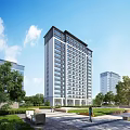 Modern High-Rise Residential Building With Green Trees Lawn And Blue Sky