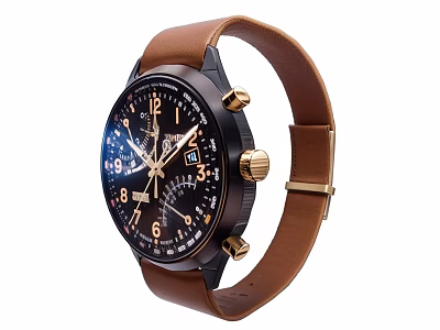 Luxury Black Dial Wristwatch With Brown Leather Strap Golden Hands And Chronograph Function 3d model