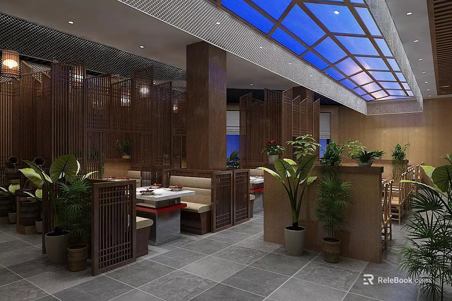 Elegant Restaurant Interior With Wooden Partitions Blue Glass Skylight And Green Plants 3d model 